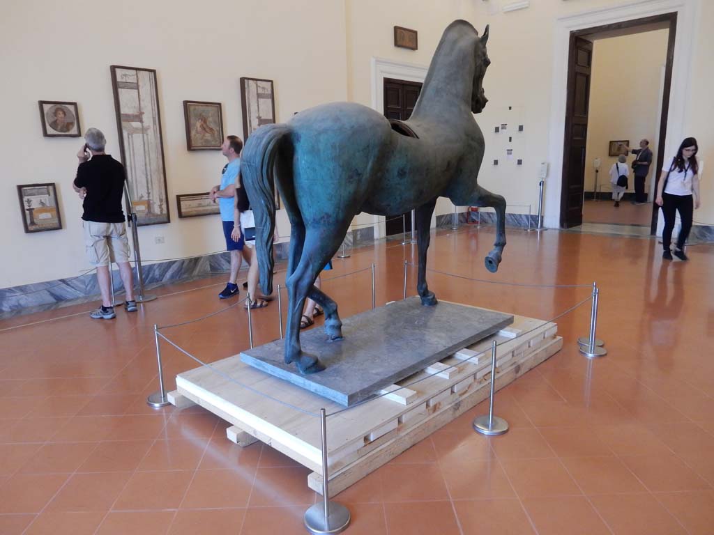 Arch of Caligula, Pompeii. June 2019. Detail of bronze horse. 
Now in Naples Archaeological Museum. Photo courtesy of Buzz Ferebee.
