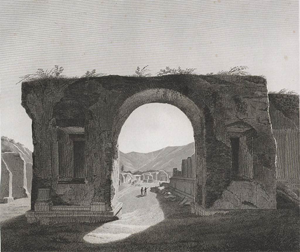 Fountain in arch at north-east corner of Forum. 1829 drawing of arch and fountain by Mazois. Looking south.
See Mazois, F., 1829. Les Ruines de Pompei: Troisime Partie. Paris: Didot Frres, pl XLI fig.1.  
