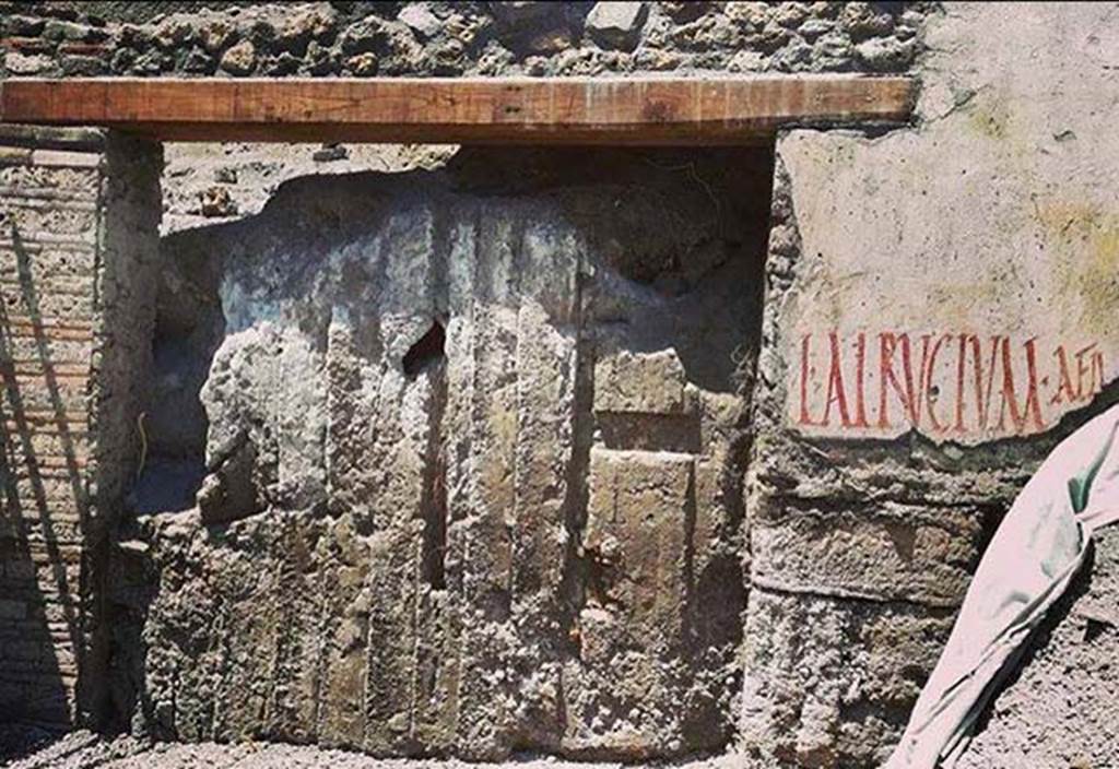 V.7.8 Pompeii. June 2018. Impression of doors in the ash and more fully excavated electoral inscription. 
Photograph  Parco Archeologico di Pompei.