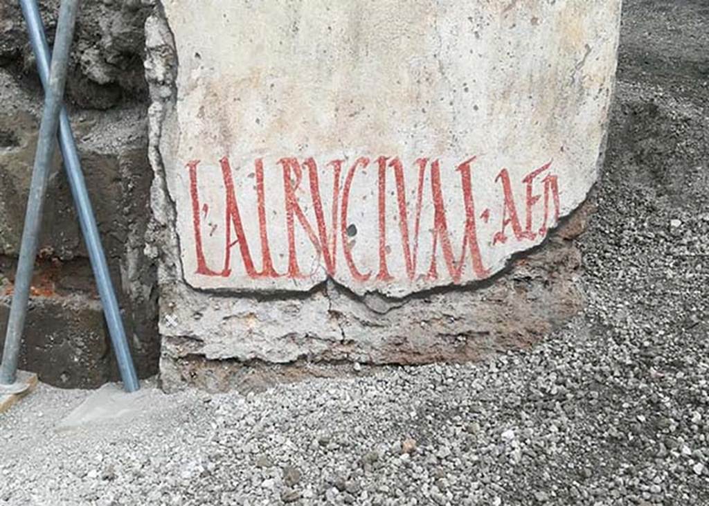 V.7.8 Pompeii. June 2018. South wall on the east side of doorway during excavation with electoral inscription Lucium Albucium aedilem. 
Photograph  Parco Archeologico di Pompei.