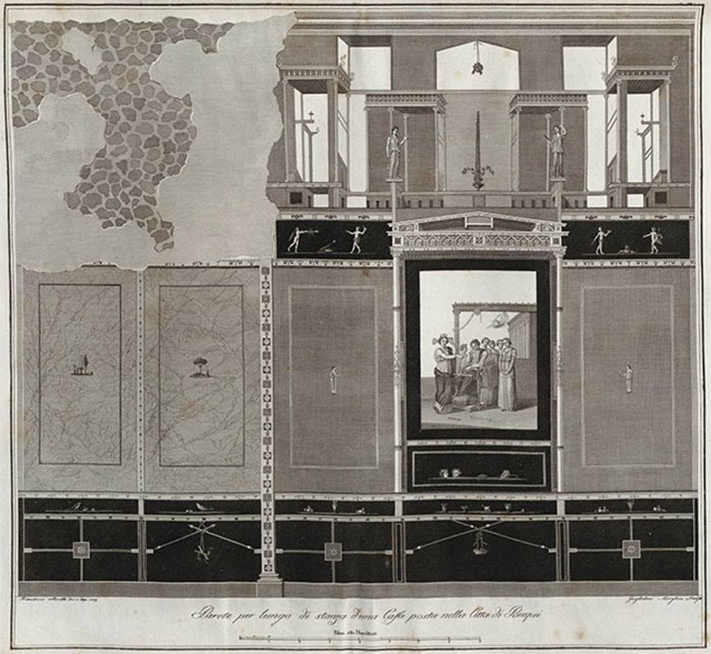 VI.3.7 Pompeii. 1838 painting of east wall of triclinium with painting of Dido weeping, in centre panel. See Gli ornati delle pareti ed i pavimenti delle stanze dell'antica Pompei incisi in rame: 1838, pl. 64.
According to PPM, the zoccolo of both the anteroom and room was black, with alternating panels of geometric elements and crossed thyrsi, from which dangled musical instruments, and a plate with fruit; in the frieze above the zoccolo there were birds and vases/pots.
In the middle of the wall, the panels in the anteroom (on the left above) were yellow featuring small vignettes of sacred subjects; the side wall panels in the main triclinium were red with small figures in the centre, surmounted by a frieze with figures (perhaps cupids); 
the painting of abandoned Dido was enclosed in a central aedicula. At the top of the wall, two caryatids are shown above the aedicula in the architectural painting.
See Carratelli, G. P., 1990-2003. Pompei: Pitture e Mosaici.  Roma: Istituto della enciclopedia italiana. Vol, IV, page 285
