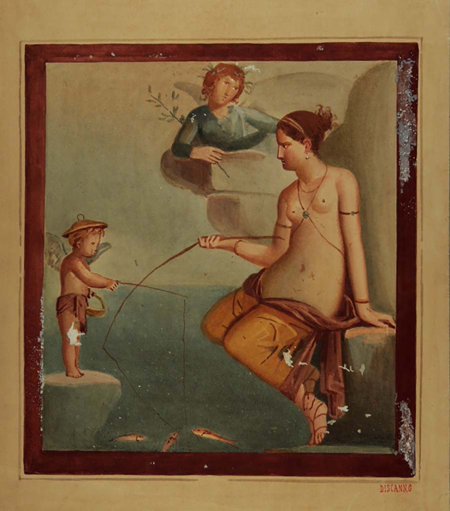 VI.14.28 Pompeii. Painting by Geremia Discanno, of Venus fishing with the help of cupids, found on north wall, now completely faded.
Now in Naples Archaeological Museum. Inventory number ADS 417.
Photo © ICCD. http://www.catalogo.beniculturali.it
Utilizzabili alle condizioni della licenza Attribuzione - Non commerciale - Condividi allo stesso modo 2.5 Italia (CC BY-NC-SA 2.5 IT)
