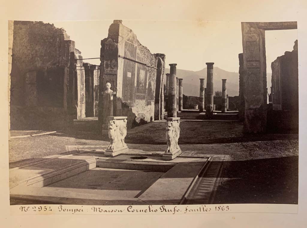 VIII.4.15 Pompeii. 
From an album of Michele Amodio dated 1874, entitled Pompei, destroyed on 23 November 79, discovered in 1745. 
Room 1, looking south across impluvium in atrium. Photo courtesy of Rick Bauer.
