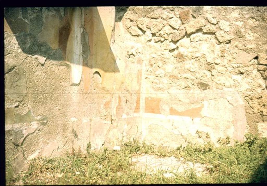 VIII.4.34 Pompeii. Remains of wall decorations in north-west corner of room to west of the tablinum, the cubiculum.
Photographed 1970-79 by Gnther Einhorn, picture courtesy of his son Ralf Einhorn.
According to PPM, the west wall of cubiculum had a yellow zoccolo which was subdivided into panels with plants and mirrored compartments.
in the middle zone the central aedicula had a red background with a central yellow portion in which was placed a painting of Selene and Endymion, uselessly protected from the elements by insufficient roofing.
The side panels, of which the one to the north was interrupted by a window, had a wide red border with a yellow centre.
See Carratelli, G. P., 1990-2003. Pompei: Pitture e Mosaici: Vol. VIII. Roma: Istituto della enciclopedia italiana, p. 544. 
