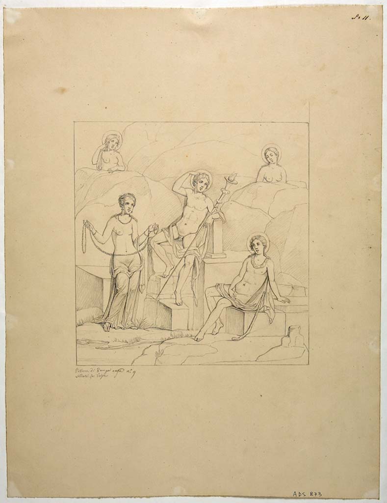 VIII.4.34 Pompeii. Drawing by Nicola La Volpe, of painting of the contest between the gods of light (la gara tra divinit della luce).
This would have been seen on the east wall of the tablinum.
Dionysus is the judge in the centre holding a long torch.
Venus is holding a garland on the left of the picture.
Hesperus with a halo and star on his head is sitting on the right.
Two other female divinities with halos are assisting from on high.
See Helbig, W., 1868. Wandgemlde der vom Vesuv verschtteten Stdte Campaniens. Leipzig: Breitkopf und Hrtel, (971)
Now in Naples Archaeological Museum. Inventory number ADS 873.
Photo  ICCD. http://www.catalogo.beniculturali.it
Utilizzabili alle condizioni della licenza Attribuzione - Non commerciale - Condividi allo stesso modo 2.5 Italia (CC BY-NC-SA 2.5 IT)
