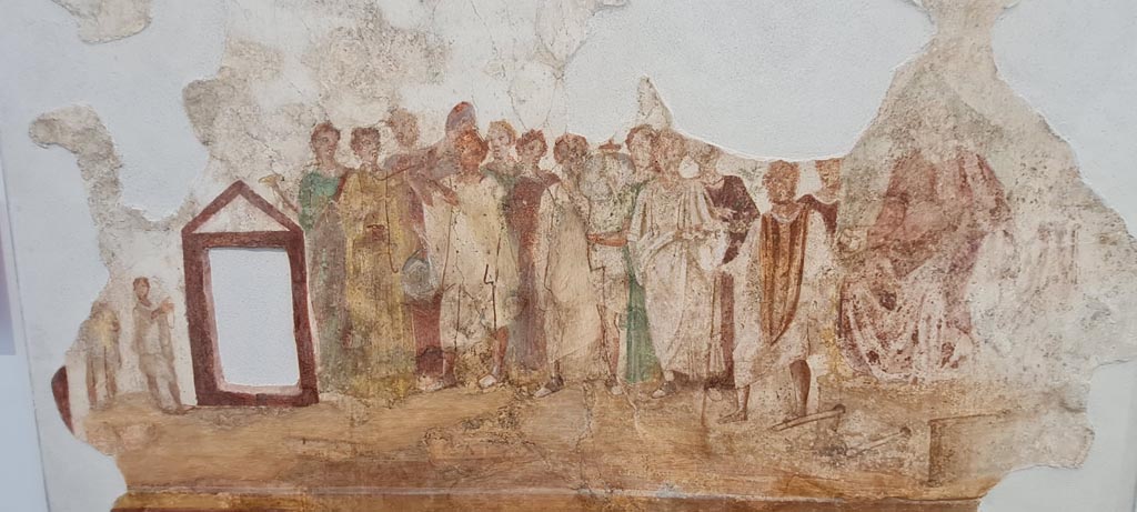 IX.7.1 Pompeii. April 2022. 
Detail from painting on wall in Antiquarium, showing procession in honour of the goddess Cybele. Photo courtesy of Giuseppe Ciaramella.
