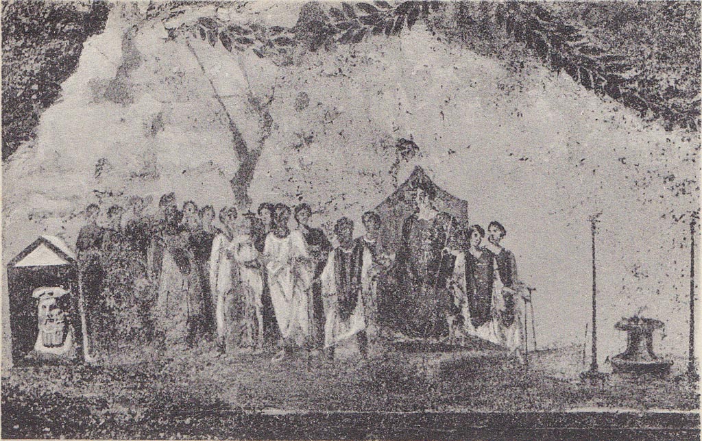 IX.7.1 Pompeii. 1910. Painting on wall showing procession in honour of the goddess Cybele. Photo courtesy of Drew Baker.