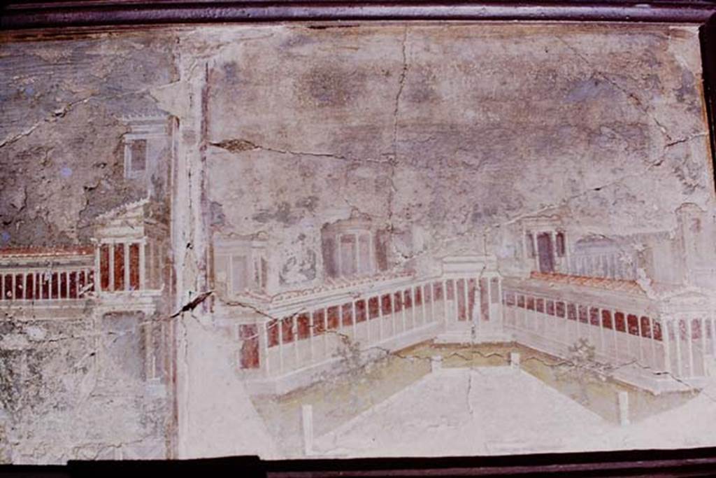 HGW06 Pompeii. 1975.  Ambiente 40 of Villa of Cicero.  
Wall painting made up from two pictures of views of gardens with porticos.
Now in Naples Archaeological Museum.  Inventory number 9406.
Photo by Stanley A. Jashemski.   
Source: The Wilhelmina and Stanley A. Jashemski archive in the University of Maryland Library, Special Collections (See collection page) and made available under the Creative Commons Attribution-Non Commercial License v.4. See Licence and use details.
J75f0554
