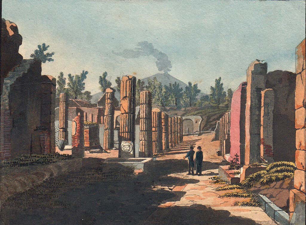 Via delle Scuole. Pre-1824 painting “Vue du Forum en venant de la Rue des Tombeaux” by Jakob Wilhelm Huber.