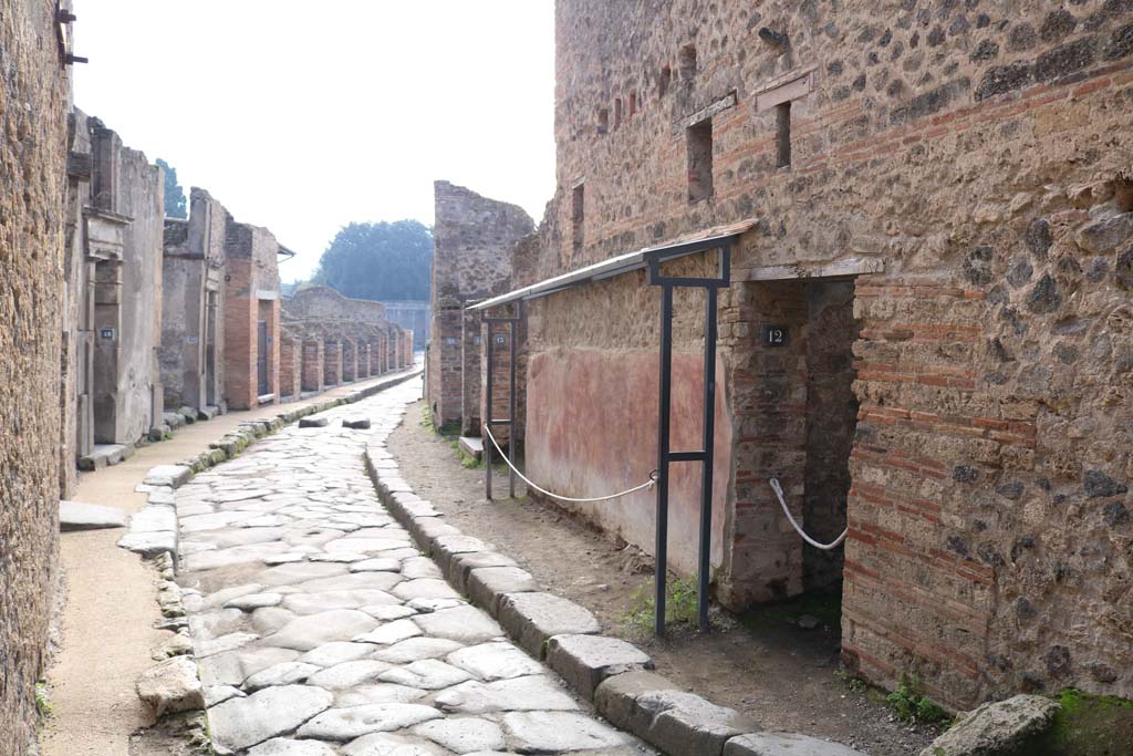 Vicolo del Lupanare, Pompeii. December 2018. 
Looking south between VII.1, on left, and VII.11.12, on right. Photo courtesy of Aude Durand.
