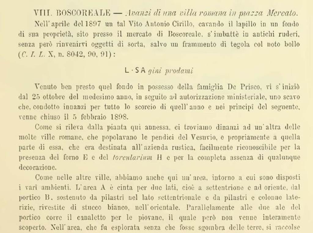 Boscoreale, Villa Rustica in propriet Cirillo. Notizie degli Scavi, 1898, p.419.
