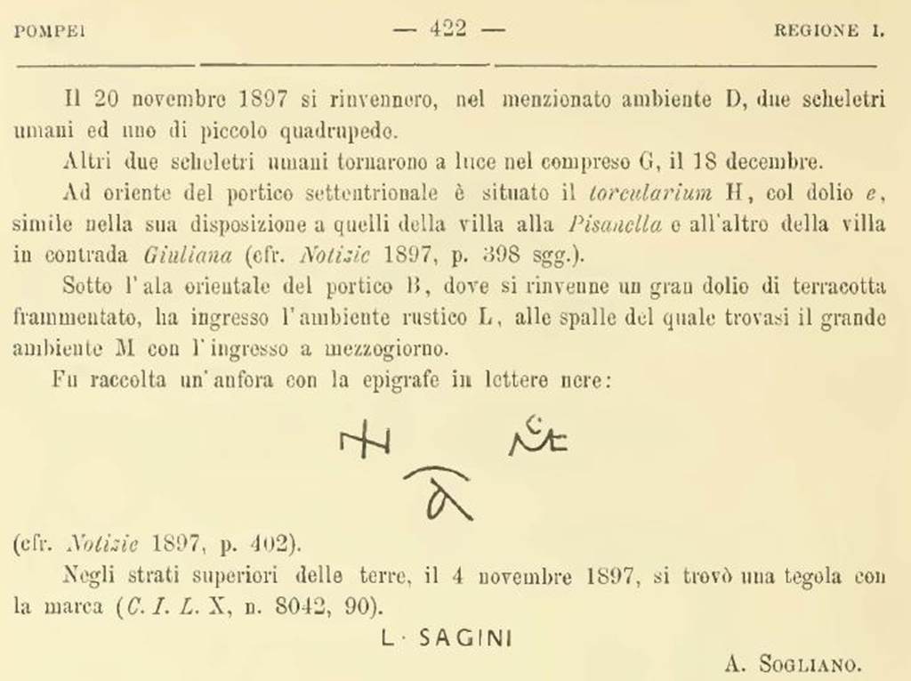 Boscoreale, Villa Rustica in propriet Cirillo. Notizie degli Scavi, 1898, p.422.