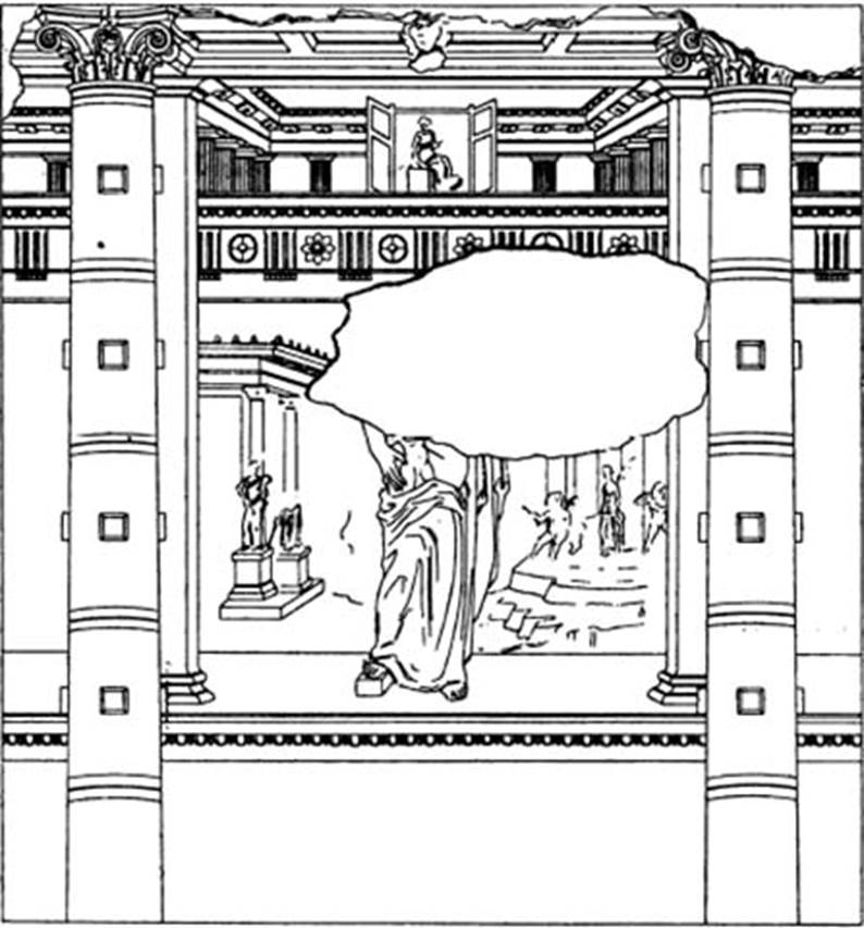 Villa of P Fannius Synistor at Boscoreale. 1900 drawing of room H, north wall, centre panel. 
Between the columns is a painting of Venus Genetrix and cupids. 
On the wall to the left of Venus, was a painting of Dionysus, sitting abandoned to pleasure, crowned with ivy, a thyrsus in his right hand.
He was in the act of raising his arm to embrace the beautiful Ariadne, sitting on his left side. 
It was the representation of the wedding of Dionysus at Naxos. 
According to Barnabei, Prof. Sogliano reported that the painting of Dionysus had suffered.
On the wall to the right of Venus were the Three Graces, posing arm in arm in their usual embrace. 
According to Barnabei, Prof. Sogliano reported seeing the three women although they were pale and faded., 
See Barnabei F., 1901. La villa pompeiana di P. Fannio Sinistore. Roma: Accademia dei Lincei. p.53, Fig. 11.