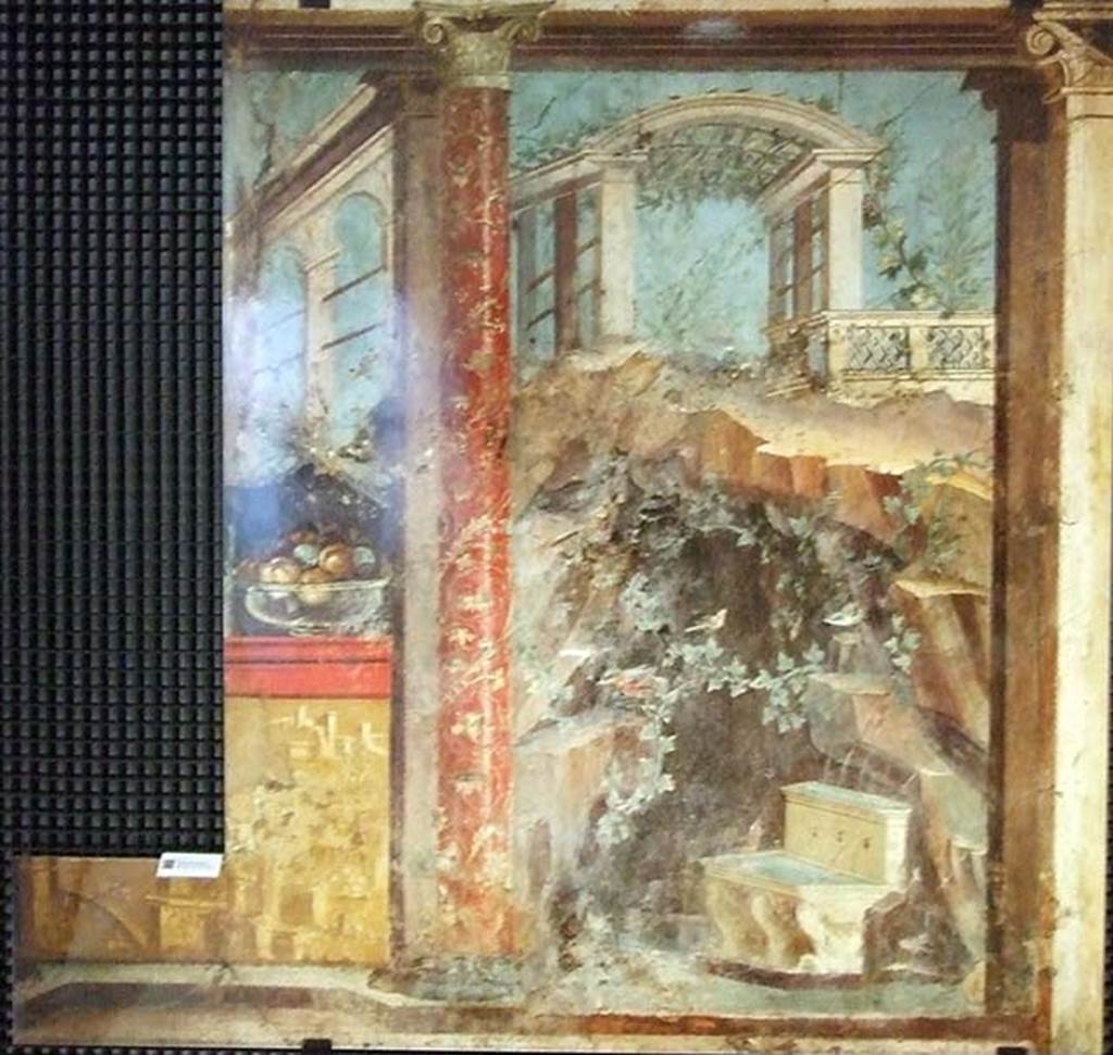 Villa of P Fannius Synistor at Boscoreale. Cubiculum M, east end of north wall. Copy of painting of outdoor scene with grotto, fountain, a hill and a trellised arbour supporting clusters of ripe purple grapes. Now in Boscoreale Antiquarium.
