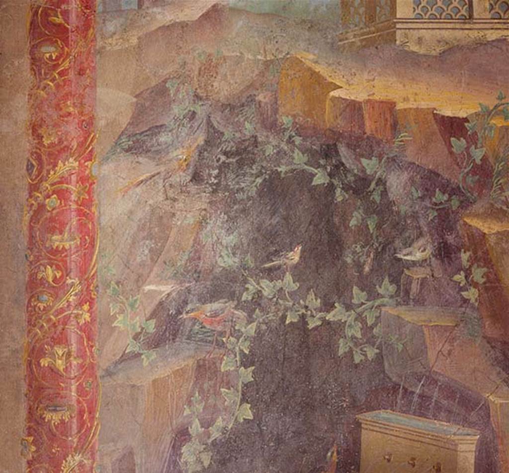 Villa of P Fannius Synistor at Boscoreale. Cubiculum M, east end of north wall. Detail of painting of grotto with bird and plants and fountain.