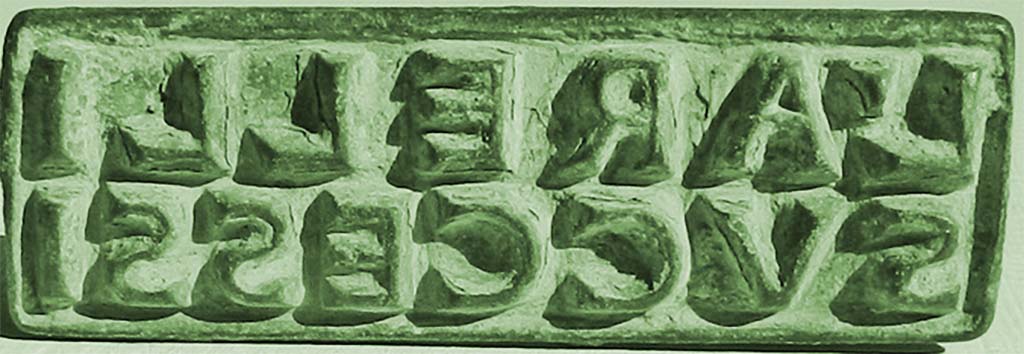 Boscotrecase, Villa di L. Arellius Successus. Bronze rectangular seal of L. Arelli Successi, face side.
Face with wording 
L ARELLI
SVCCESSI

L(uci) Arelli
Successi.

Now in Naples Archaeological Museum. Inventory number 125094.
(The Arelli occur in some Pompeian inscriptions).  
