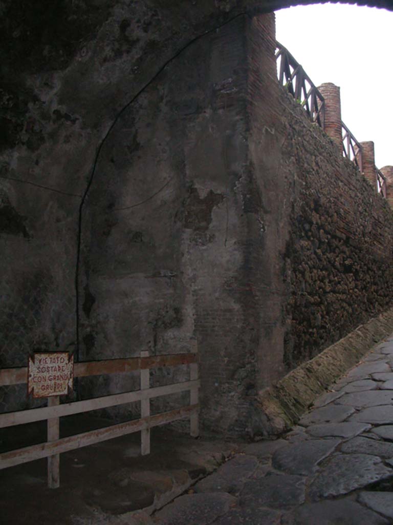 Porta Marina, Pompeii. May 2011. 
Looking east along north wall of wider tunnel. Photo courtesy of Ivo van der Graaff.

