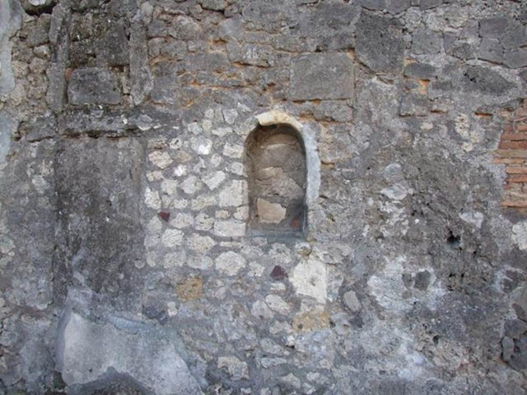 VII.15.13 Pompeii. December 2007. Arched niche in atrium. 
According to Boyce (he locates this as VII.15.12) – 
In the west wall of the atrium, beneath the stairs to the upper floor, is an arched niche (h.0.65, w.0.40, d.0.30, h. above floor 1.35).
The walls inside the niche were painted with birds perching upon leafy boughs. 
They were painted in red and blue on the white background.
See Boyce G. K., 1937. Corpus of the Lararia of Pompeii. Rome: MAAR 14. (p.72, no. 334).
See Giacobello, F., 2008. Larari Pompeiani: Iconografia e culto dei Lari in ambito domestico. Milano: LED Edizioni, (p.245, no.A29)

