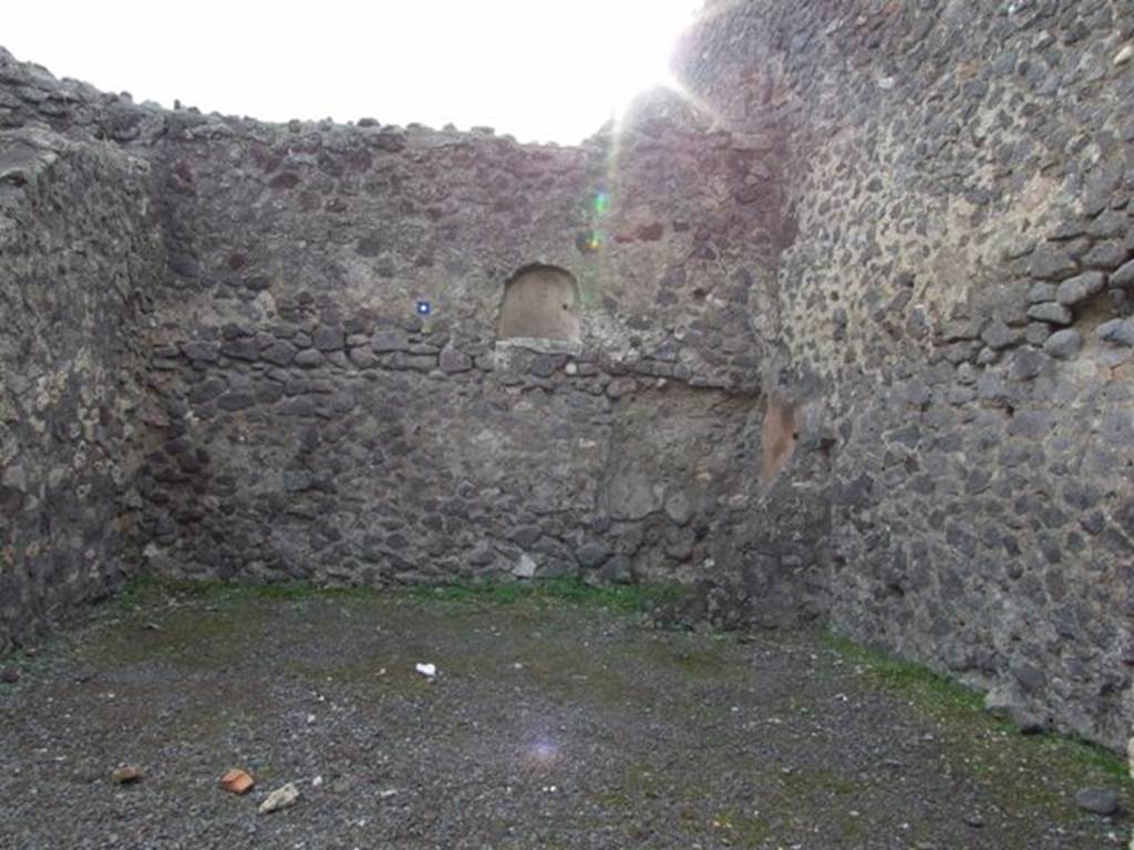 IX.8.1 Pompeii. December 2007. Looking towards south wall and niche in shop.
According to Boyce, in the north wall of the main room was an arched niche (h.0.48, w.0.54, d.0.33, h. above floor 1.65.
Its walls were coated with white stucco.
See Boyce G. K., 1937. Corpus of the Lararia of Pompeii. Rome: MAAR 14. (p. 89, no. 447).
