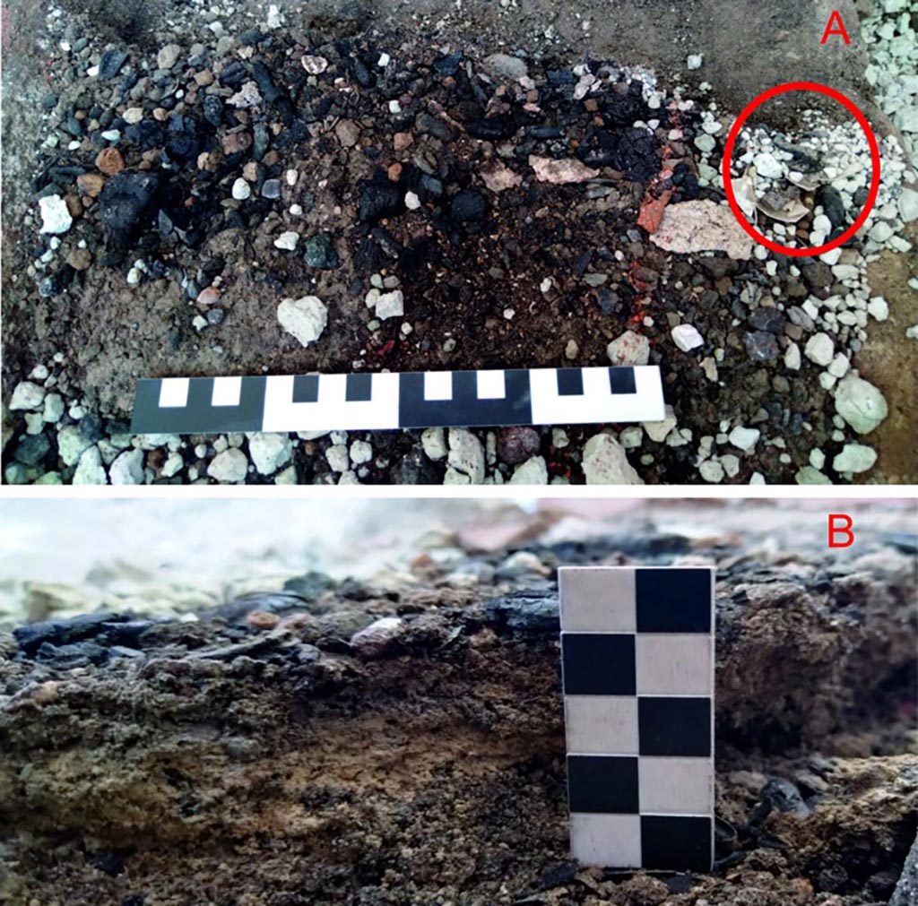 IX.10.1 Pompeii. Lararium and altar recently found in room 12.
Traces of combustion on the altar during micro-excavation. Detail of the first level of the deposit (A); Deposit in section (B).
Tracce di combustione sull’altare in fase di microscavo. Dettaglio del primo livello del deposito (A); Sezione del deposito (B). 
See PAP e-journal 6, 28.09.2023, p. 67, fig. 18. Download: PAP e-journals 2023 collection volumes 01-09 
Photograph © Parco Archeologico di Pompei.
