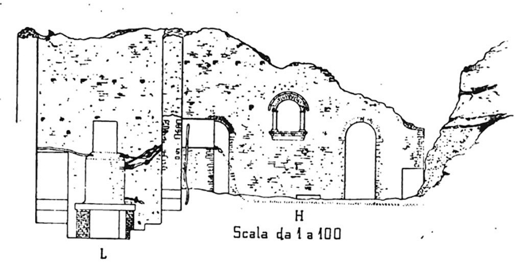 Villa della Pisanella, Boscoreale. 1897. Cross section of kitchen and praefurnium area showing positions of large tank and boiler.
The praefurnium is much smaller and the floor is much lower than the kitchen floor, from which three steps lead down.
On the kitchen wall is the lararium and there is an arched doorway leading in to the baths rooms.
See Pasqui A., La Villa Pompeiana della Pisanella presso Boscoreale, in Monumenti Antichi VII 1897, Fig.43.

In the west wall was the usual niche “b”, arched and made of opus laterizia. 
See Pasqui A., La Villa Pompeiana della Pisanella presso Boscoreale, in Monumenti Antichi VII 1897, page 209-210.

Cucina (H) parete ovest.
Nicchia arcuata in opera laterizia.
See Giacobello, F., 2008. Larari Pompeiani: Iconografia e culto dei Lari in ambito domestico. Milano: LED Edizioni, (p.227, no.12).

According to Boyce, 
In the west wall of the culina (kitchen) was found la consueta nicchietta, ad arco e di opera laterizia (the usual niche, arched and made of brick work) – apparently the lararium.
See Boyce G. K., 1937. Corpus of the Lararia of Pompeii. Rome: MAAR 14, (p.98, no.486).
