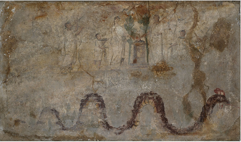 Boscoreale. Villa 15. Villa Rustica in proprietà Cirillo. Lararium with sacrificial scene and serpent, found in the north wing of Portico B.
Now in Field Museum Chicago, inventory number 24658.
Photograph John Weinstein © Field Museum of Natural History - CC BY-NC.

