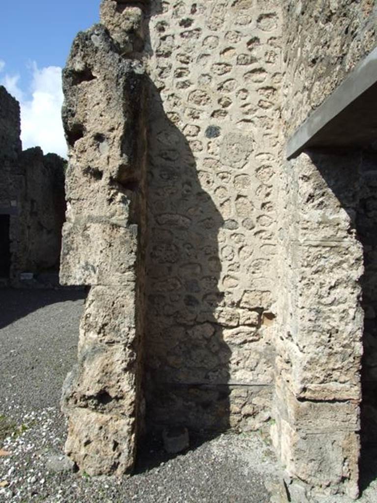 V.2.1 Pompeii. March 2009. Room 1, recess “t” in north-east corner of atrium, outside room 3.
According to BdI –
“The recess/niche “t” was the lararium whose painted decorations were divided into three zones.
It was very ruined at the time of excavation, from the base –
Serpent near an altar, Fortuna with rudder and cornucopia, garlands and birds.”
According to PPM –
“The paintings, nearly vanished, were divided into three zones.
In the first (at the top) the painting in the middle was destroyed, on both sides there was a bird sitting above a garland
The second zone in the middle, had Fortuna (0.15 high) holding the rudder in her lowered right hand, and the cornucopia in the left hand; on both sides it seems that there was nothing but plants/herbs/grass?
The third zone contained a serpent with a crest, approaching the altar towards the left. 
See Bullettino dell’Instituto di Corrispondenza Archeologica (DAIR), 1885, (p.159).
See Boyce G. K., 1937. Corpus of the Lararia of Pompeii. Rome: MAAR 14, (p.33, no.83).
See Carratelli, G. P., 1990-2003. Pompei: Pitture e Mosaici: Vol. III. Roma: Istituto della enciclopedia italiana, (p.773).
See Giacobello, F., 2008. Larari Pompeiani: Iconografia e culto dei Lari in ambito domestico. Milano: LED Edizioni, (p.294, no.P2)

