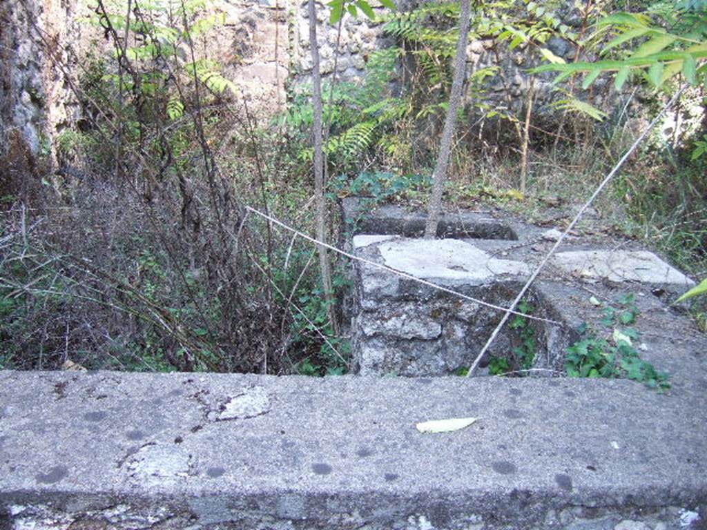 I.1.1 Pompeii. September 2005.  Stone podium or sales counter, with kitchen and hearth. There was also a latrine under the steps to the upper floor. (No longer visible).