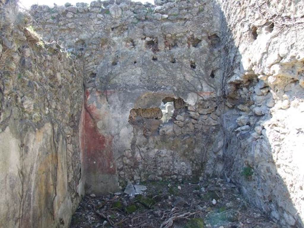 I.3.30 Pompeii. March 2009. Room 4, west wall of cubiculum.  
The colour of the zoccolo had faded, the middle zone of the wall would have had a yellow central panel, and two red side panels.
