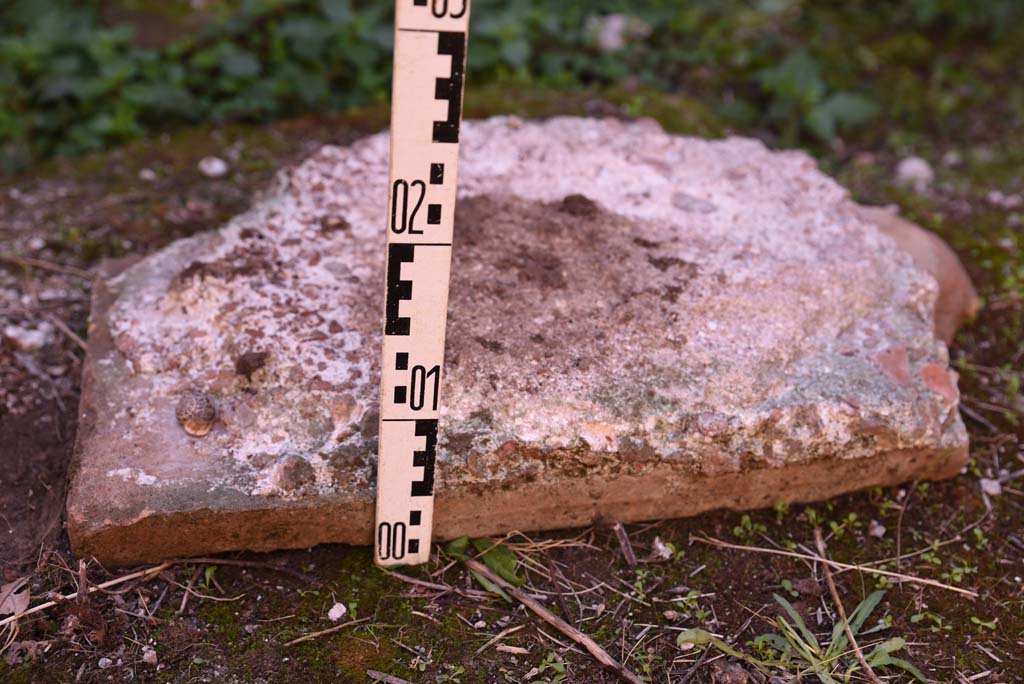 I.4.25/I.4.5 Pompeii. October 2019. Tepidarium 40, detail of height of terracotta slab/tile in south-east corner.
Foto Tobias Busen, ERC Grant 681269 DCOR.

