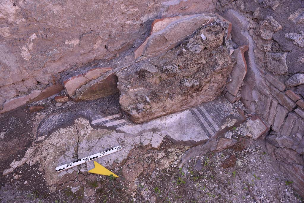 I.4.25/I.4.5 Pompeii. October 2019. 
Calidarium 41, looking west in north-west corner with detail of ducted wall heating tiles, and mosaic floor.
Foto Tobias Busen, ERC Grant 681269 DCOR.
