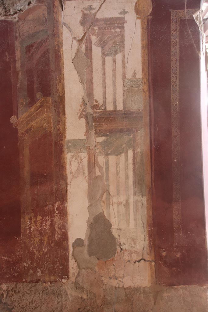 I.6.4 Pompeii. October 2024. 
Room 2, painted decoration at west end of south wall. Photo courtesy of Klaus Heese.
