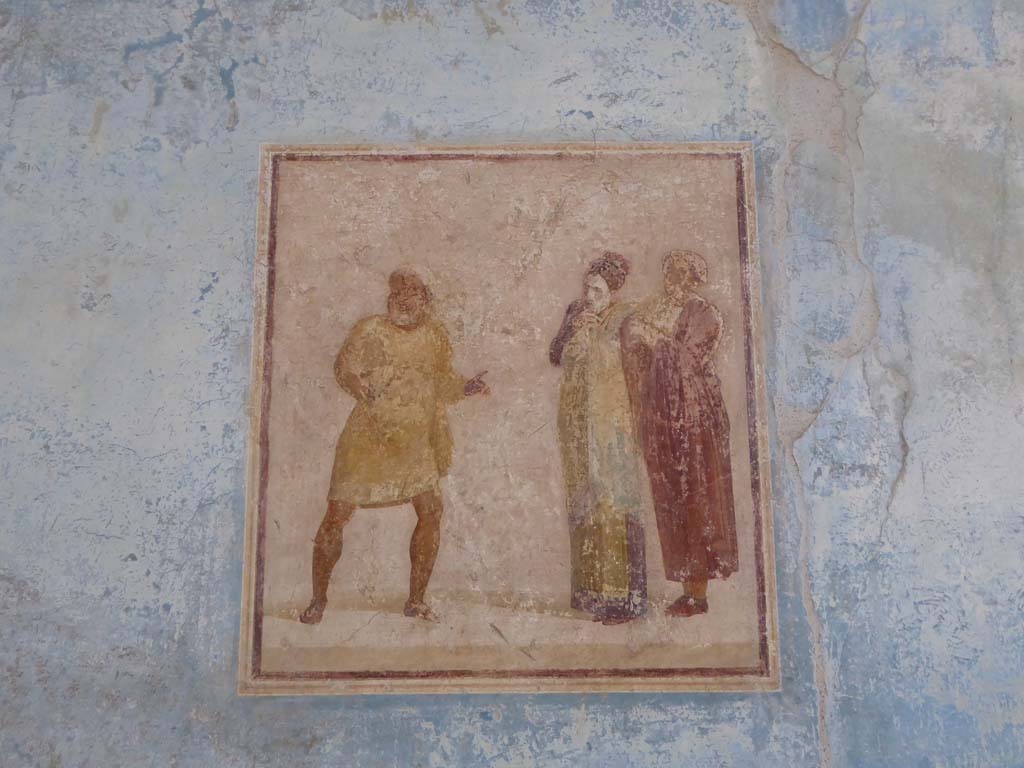 I.6.11 Pompeii. September 2015. Looking towards east wall of atrium with wall painting of theatrical scene.
Foto Annette Haug, ERC Grant 681269 DÉCOR.

