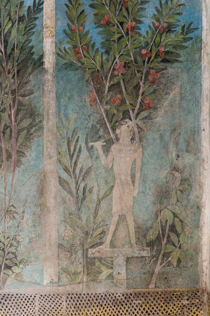 I.9.5 Pompeii. April 2022. Room 5, cubiculum. South end of east wall. 
Detail of painting of Egyptian pharaonic statue and cherry tree.
Photo courtesy of Johannes Eber.

