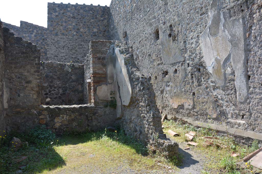 I.10.3 Pompeii. April 2017. Looking across atrium towards west side of tablinum, and room 9 on plan, on right. 
Photo courtesy Adrian Hielscher.
According to NdS, 
“Room 9 was a corridor with steps to the upper floor, which probably had only two or three rooms overlooking the front of the roadway, and perhaps one built above the pseudo-atrium. The fall of the upper walls and the state of conservation of the few left standing, with traces of 4th Style decoration, do not give a clear interpretation of the distribution of rooms.”
See Notizie degli Scavi di Antichità, 1934, 274-5.

