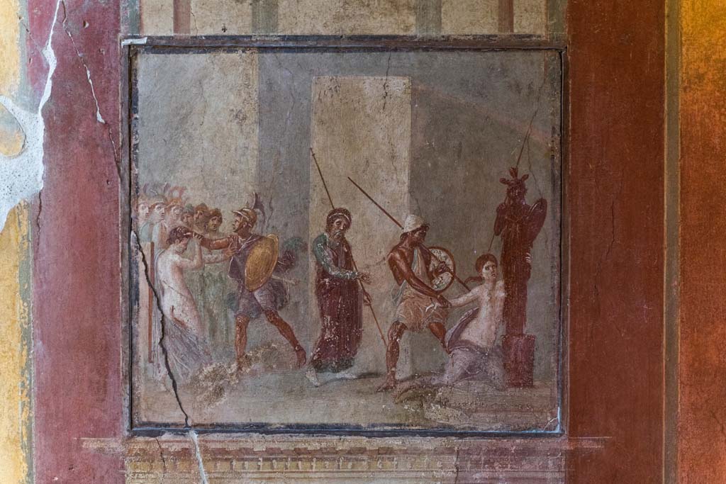 I.10.4 Pompeii. April 2022. Room 4, north wall with mythological scene. Photo courtesy of Johannes Eber.