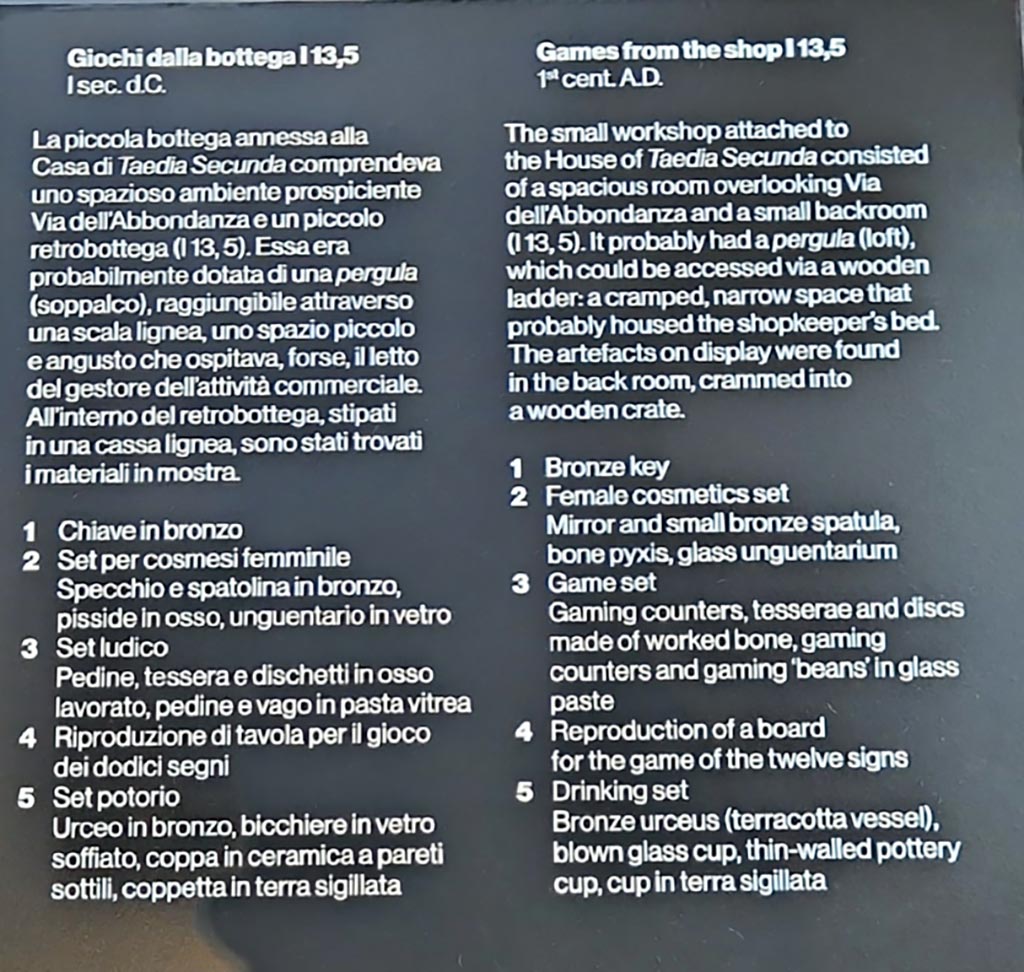 I.13.5 Pompeii. March 2024. Information card from exhibition in Palaestra entitled – “L’altra Pompei, vite comuni all’ombra del Vesuvio”.
Photo courtesy of Giuseppe Ciaramella.
