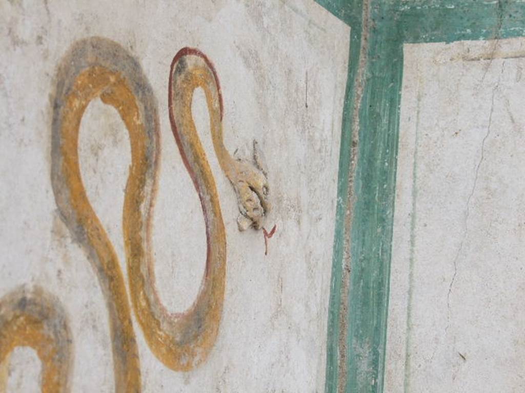 I.16.4 Pompeii. December 2006. Detail showing stucco head of serpent and painted body.