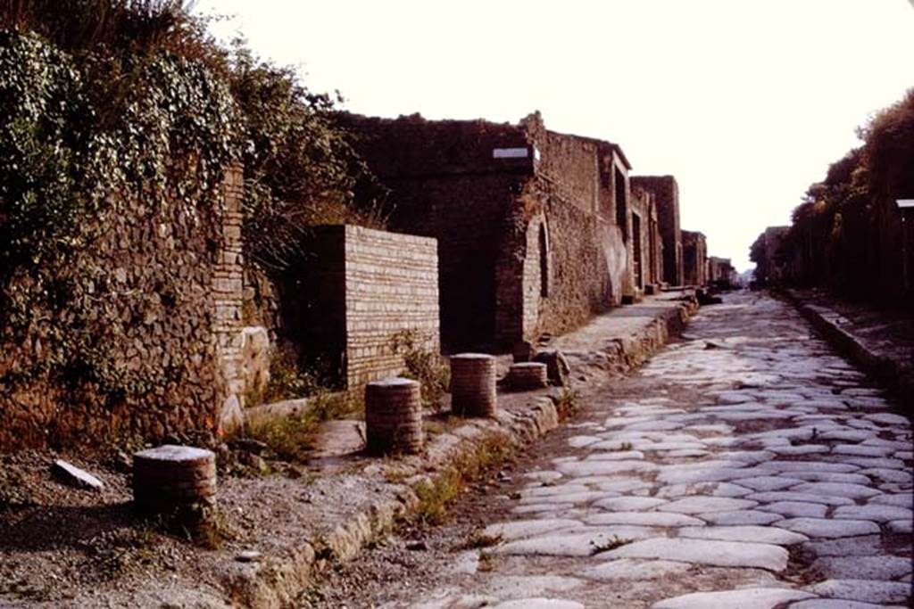 II.5.1 Pompeii. 1972. Looking west to 4 columns in footpath that probably supported a balcony overhanging Via dell’ Abbondanza.  Photo by Stanley A. Jashemski. 
Source: The Wilhelmina and Stanley A. Jashemski archive in the University of Maryland Library, Special Collections (See collection page) and made available under the Creative Commons Attribution-Non Commercial License v.4. See Licence and use details. J72f0080
