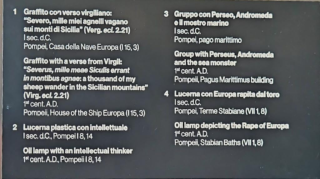 II.7.9 Pompeii. Palaestra. March 2024. Information card for display cabinet. Photo courtesy of Giuseppe Ciaramella.
(for items with a specific provenance, see those locations).
