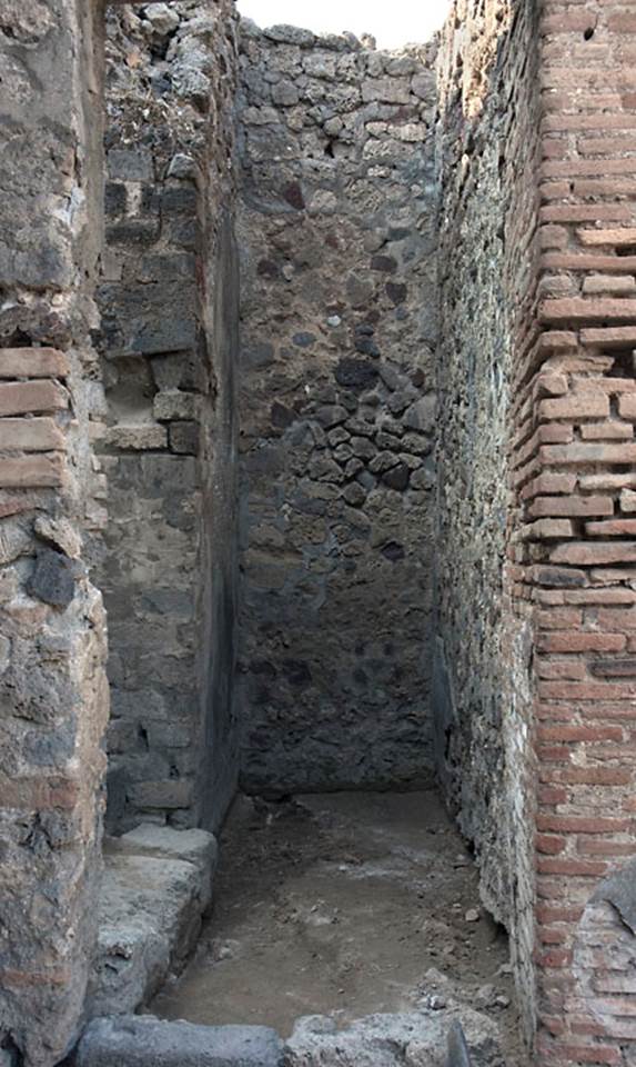 V.1.3 Pompeii. c.2008-10. 
Room “b”, looking north into corridor from atrium. Photo by Hans Thorwid.
“The narrow corridor opens in the S towards the atrium. 
Another door opening, leading to room “c”, the latrine, is located in the S part of the W wall. 
Originally the corridor led to the kitchen area of the Casa del Torello V 1,7 in the north and was later closed.”
Photo and words courtesy of the Swedish Pompeii Project. 
