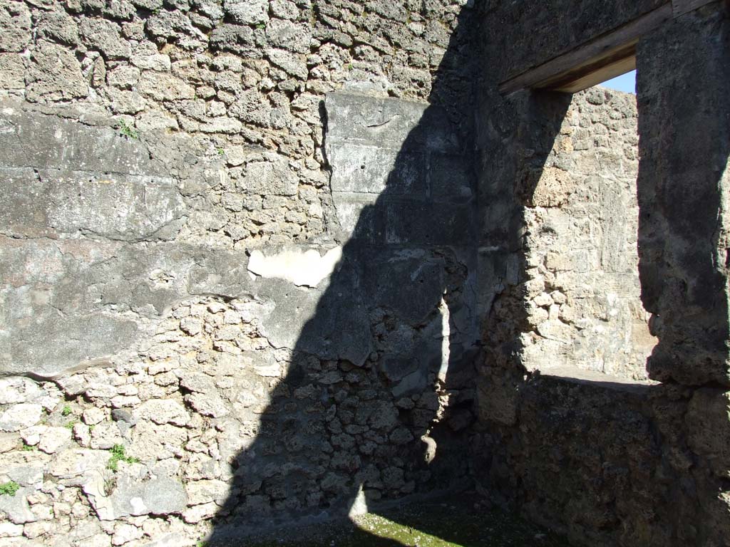 V.3.8 Pompeii. March 2009. Tablinum with two windows. East wall with remains of 1st-Style (first style) decoration.