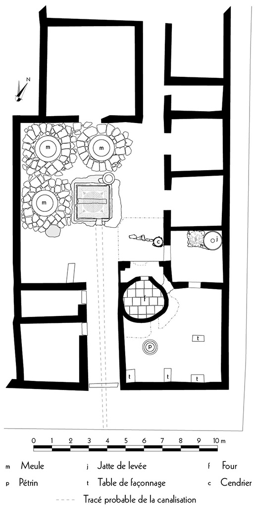 Fig. 1 - Pompéi Pistrina. Plan de la boulangerie V 3, 8.
Relevé – dessin : S. Zanella, R. Macario ; échelle : 1/100.
