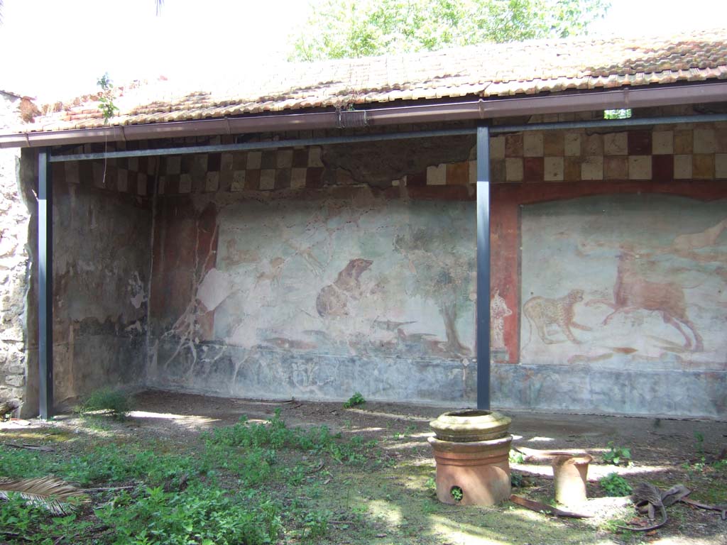 V.4.a Pompeii. May 2006. Hunting fresco with life-size animals on west and north wall of garden area.