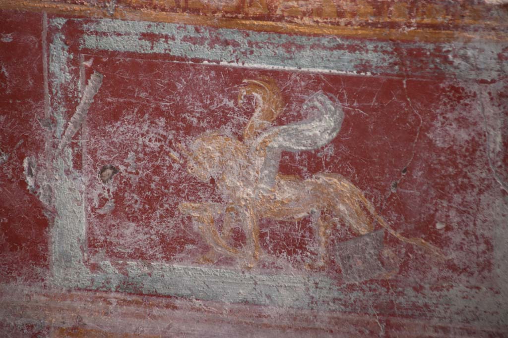 V.6.12 Pompeii. October 2020. Amb. 9. Detail of painted griffin with cornucopia in zoccolo/dado at west end of south wall. Photo courtesy of Klaus Heese.