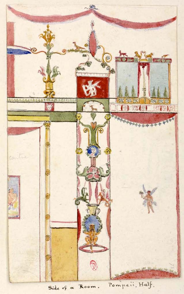 VI.2.16, Pompeii. Between 1819 and 1832 described as a Side of a room, with detail of north wall of tablinum.
See Gell, W. Pompeii unpublished [Dessins de l'dition de 1832 donnant le rsultat des fouilles post 1819 (?)] vol II, pl. 84.
Bibliothque de l'Institut National d'Histoire de l'Art, collections Jacques Doucet, Identifiant numrique Num MS180 (2).
See book in INHA Use Etalab Licence Ouverte
