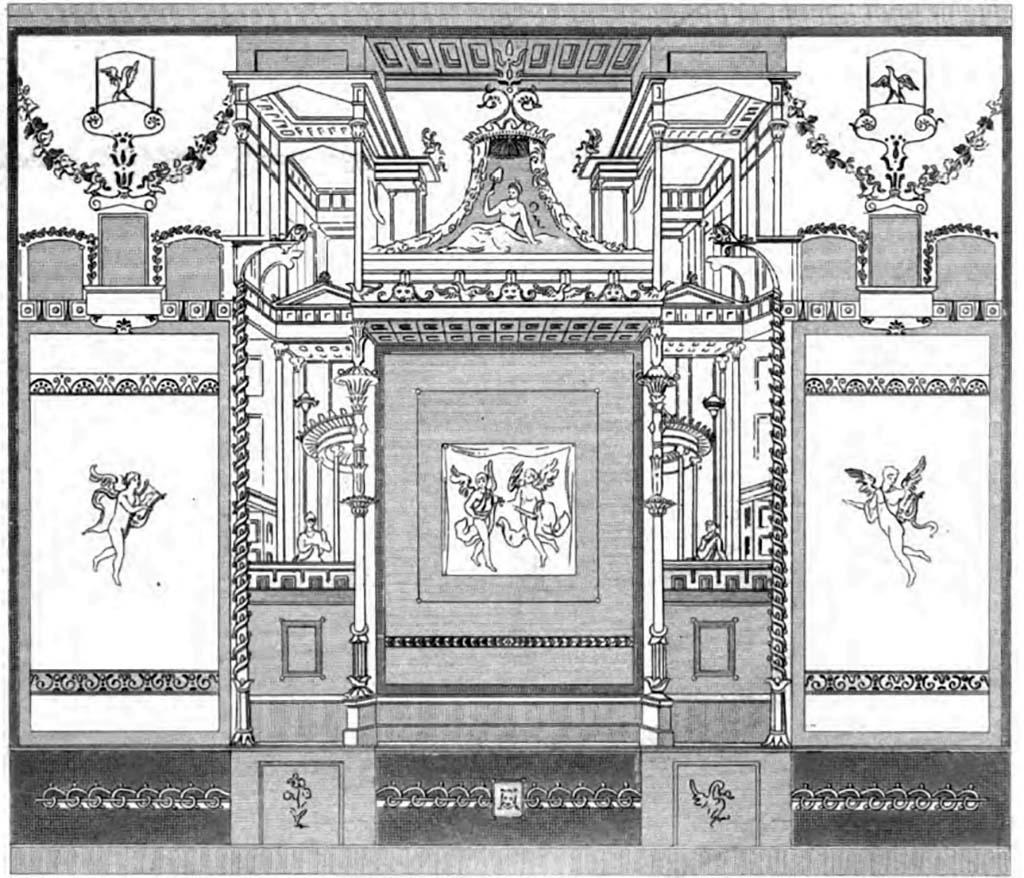 VI.2.16 Pompeii. pre-1819. Engraving of wall decoration from a room, the central painting showing Cupids and not a Man and Woman.
See Gell, W, and Gandy J. P., 1819. Pompeiana. London: Rodwell and Martin, plate 39.
Also, Gell, W. and Gandy, J., 1852. Pompeiana: Third Edition. London: Bohn, plate 40.
Also, Gell W and Gandy J, 1872. Pompeiana. London: Chatto and Windus, plate 40.
