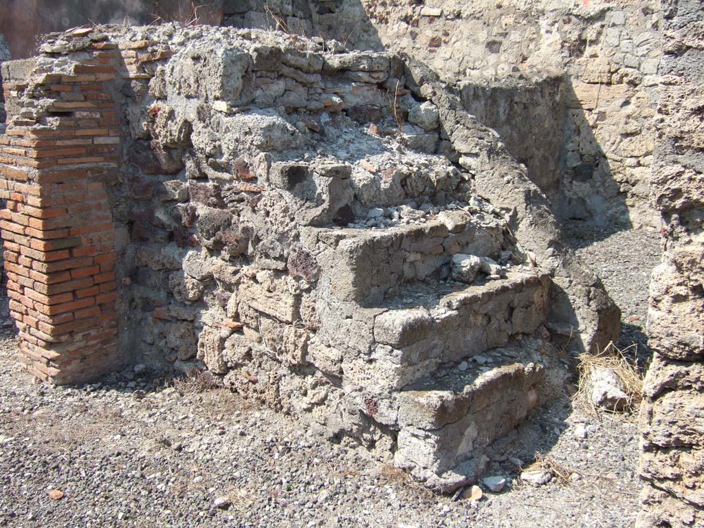 VI.2.24 Pompeii. September 2005. Looking north-west at stone steps. 
On the north side of the steps, on the right, was a small storeroom or cupboard.
At the rear of the steps, on the left (west side), was an oecus, (not photographed).
According to Helbig, a painting of Narcissus, was found in a room “well behind to the right”.
See Helbig, W., 1868. Wandgemälde der vom Vesuv verschütteten Städte Campaniens. Leipzig: Breitkopf und Härtel. (1348)
