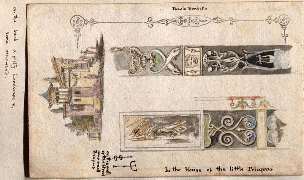 VI.2.24 Pompeii. (In the House of the little Priapus). 
Between 1819 and 1832 drawings by W. Gell.
See Gell, W. Pompeii unpublished [Dessins de l'édition de 1832 donnant le résultat des fouilles post 1819 (?)] vol II, pl. 90.
Bibliothèque de l'Institut National d'Histoire de l'Art, collections Jacques Doucet, Identifiant numérique Num MS180 (2).
See book in INHA Use Etalab Licence Ouverte
