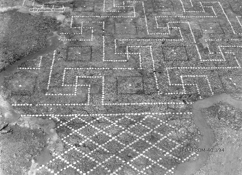 VI.6.1 Pompeii. c.1930. Room 4, flooring in west ala.
DAIR 40.394. Photo  Deutsches Archologisches Institut, Abteilung Rom, Arkiv.
See Pernice, E.  1938. Pavimente und Figrliche Mosaiken: Die Hellenistische Kunst in Pompeji, Band VI. Berlin: de Gruyter, (taf. 15,4).
